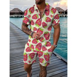 Men's Tracksuits Men'S Fashion Suit Fruit Print Casual Polo TopPants Holiday Streetwear Daily Loose Oversiz Male Clothing Summer Breathable Mesh 230802