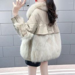 Women's Fur Coat Jackets 2023 Winter PU Patchwork Synthetic Jacket Mid Length Thickened Outerwear Lady