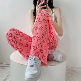 Women's Pants Capris Pink Hearts Pants Folds Casual Women Thin Summer Wide Leg Trousers OL Full Length Straight All-match Casual Pants 230802
