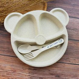 Bowls B204 Bear Children's Plate Set Wheat Straw Creative Household Tableware Baby Grid Tray Breakfast Fork Spoon