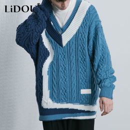 Men's Sweaters 2023 Autumn Winter Vneck Long Sleeve Oil Painting Printing Sweater Man High Street Contrast Colour Screw Thread Pullovers 230802