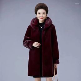 Women's Fur Middle Aged Elderly Women Mink Coat Winter Mid-length Thicken Hooded Warm Faux Jacket High End Mother Overcoat 6XL