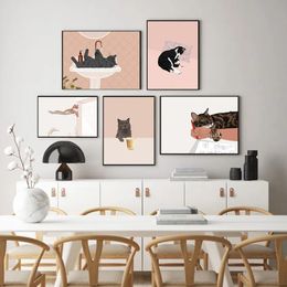 Canvas Painting Cute Cat Wall Art Nursery Sleeping Funny Cat Posters and Prints Nordic Style Pictures Gifts for Kids Room Home Decor w06