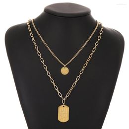 Chains Europe US Double Round Long Necklace Female Titanium Steel Plated With 14K Real Gold Advanced Sense Square Letter