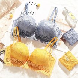 Sexy Lace Underwear Set Embroidery Flower Women Bra Set Yellow Gather Push Up Lingerie Female Sets Comfortable Bras LJ201211254u