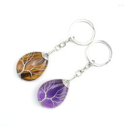 Keychains 10pcs Handmade Tree Of Life Waterdrop Keyrings Natural Stone Crystal Quartz Keychain Key Chain Ring Bag Acc Jewellery