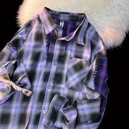 Mens Hoodies Sweatshirts American retro plaid patchwork purple shirt casual tops men sweatshirts high street couples trendy streetwear 230803