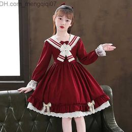 Girl's Dresses Men's Swimwear Europe 2023 Winter and Autumn Girls' Clothing Vintage Youth Sailor Lace Neck Bow Uniforms Children's Princess Dress 7 8 9 10 12 Z230803
