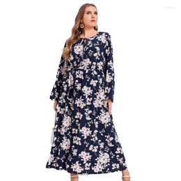 Casual Dresses 066F Womens Round Neck Lace-Up Loose Maxi Swing Dress Flare Long Sleeve Elastic Waist Boho Floral Print Beach Party Sundress