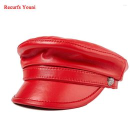 Ball Caps Unisex European/American Scarlet Leisure Genuine Leather Motorcycle Flat For Men/Women Red/Black Military Hats Student Cap