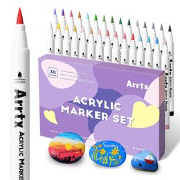 Markers Arrtx 30 Permanent Colours Acrylic Brush Marker Pens for Rock Painting Stone Ceramic Glass Wood Canvas DIY Card Making 230803