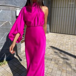 Casual Dresses 2023 Summer Women's Satin Lantern Sleeve One Shoulder Bodycon Women Clothes Elegant Rose Club Party Office Midi Dress