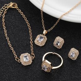 Necklace Earrings Set Light Luxury Copper Micro Inlaid Zircon Square Pendant Fashion Women's Wedding Bridal Jewelry