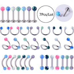 Labret Lip Piercing Jewellery 7Pcs Mixed Colour Opal Ball Ear Cartilage Tragus Helix Stud Spiral Horseshoe Barbell Eyebrow Banana Bar Piercings 230802