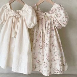 Girl s Dresses Korean version of summer dress girls baby bow bubble sleeve sweet floral square neck 230802