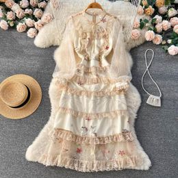 Casual Dresses Fashion Spring Summer Runway Requins Mesh Cascading Midi Dress Ladies O-Neck Flowers Embroidery Vintage Women