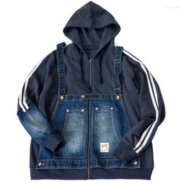 Men's Jackets Mens Denim Patchwork With Back Strap Design Hooded Jacket Hip Hop Striped Hoodies Zip Pullover Coat