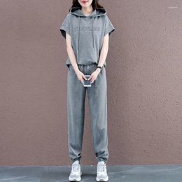 Women's Two Piece Pants Tracksuit 2023 Spring Summer Casual Solid Color Hooded Short Sleeved Sweater 2 Set Plus Size Outfits