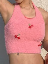 Women's Tanks SEASONS Pink Knitted Halter Crop Top For Women Sleeveless Backless Casual Kawaii Sweet Tank Vest Korean Style Clubwear