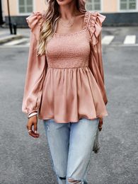 Women's Polos Lchiji Women S 2023 Chic Long Sleeve T-shirt Square Neck Smocked Ruffle Hem Babydoll Blouse Swing Tunic Top With A Modern