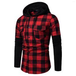 Men's Casual Shirts Men Hooded Shirt Plaid Color-Matching Hoodie Coat Tops Drawstring Long-Sleeve Pocket Button Pullover Autumn Spring