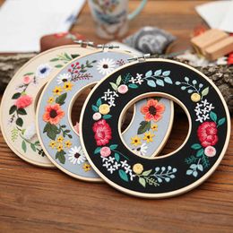 Chinese Style Products Needlework DIY Embroidery with 2pcs Bamboo Hoop Flower Pattern Printed Cross Stitch Handmade Sewing Art Painting Home Decor