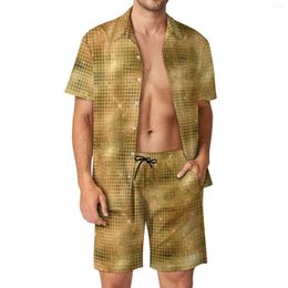 Men's Tracksuits Faux Disco Ball Men Sets Golden Squares Print Retro Casual Shirt Set Short Sleeve Custom Shorts Summer Beachwear Suit Plus