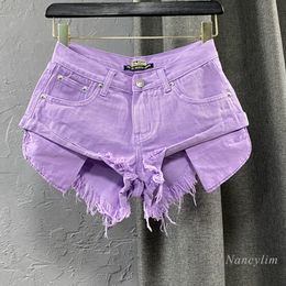 Women's Shorts Sexy Low Waist Denim Shorts Women's Summer Ripped Tassel Raw Hem Wide Legs Short Purple Pink Green 230802