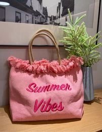 Evening Bags Women Designer Pink Canvas Tassels Tote Shoulder Bags Knitting Cloth Embroidered Letters Handbags Female Summer Travel Beach Bag 230802