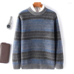 Men's Sweaters Autumn/Winter Striped Clothing Pure Wool Round Neck Color Block Pullover Casual Breathable Sweater
