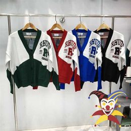 Red Green Black Blue Colorblock Rhude V-Neck Knitted Cardigan Men Women High Quality Jacquard Rhude Sweater Inside Tags