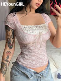 Women's T-Shirt HEYounGIRL Pink Lacework Square Collar Tshirt Sweet Cute Aesthetic Patchwork Bow Crop Tops Short Sleeve Tee Shirts 2000s Elegant 230802