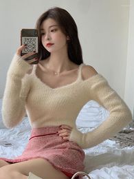 Women's Sweaters Sexy Halter Sweater Women Pullover Off Shoulder Long Sleeve Top White Pull Femme Mujer 2023 Vintage Chandails Knit