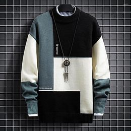 Men's Sweaters Winter Spring Patchwork Sweater Semi-high Neck Knitted Loose Thermal Thick Streetwear Men Casual Pullover
