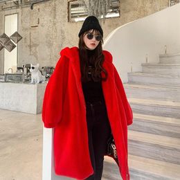 Women's Fur 2023 Winter Women Hooded Warm Thicken Long Red Faux Coat Korean Loose Casual Sleeve Outerwear Female