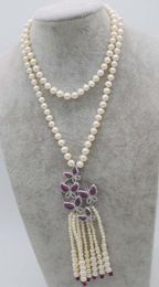 Chains ! Freshwater Pearl White Near Round Jades & Red/blue/green Zircon Flower Necklace 35" Wholesale Beads Nature