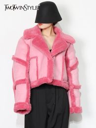 Women's Jackets TWOTWINSTYLE Pink Casual Lambswool Jacket For Women Lapel Long Sleeve Short Korean Jackets Female Fashion Clothing Winter 230803