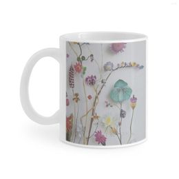 Mugs Pressed Flowers White Mug Milk Tea Print 11 Oz Coffee Cup Floral Cute Flower Nature Purple