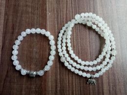 Strand 108 Mala Beads 2pc Set Whitejade Bracelet 1 Lap / 4 Laps Bracelets Elephant Pendant Prayer Yoga