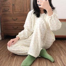 Women's Sleepwear Spring And Summer Ladies Pajamas Long-Sleeved Trousers 2-Piece Cotton Crepe Large Size Cute Tulip Pullover Home Service