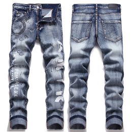 Men's Jeans American Street Stretchy Retro Cotton Bomb Printing with Broken Holes Fashion Men's Fashion European and American Jeans