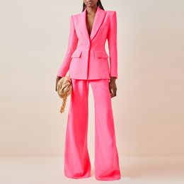 Women's Two Piece Pants HIGH STREET est SS Designer Runway Suit Set Women Single Button Slim Fit Blazer Flare Pants Suit two-piece Pink 230802