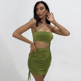 Casual Dresses BKLD Clubwear Outfits For Women Summer Sleeveless Ruched Drawstring Bodycon Tight Fitted Dress Hollow Out Sexy Skinny Mini