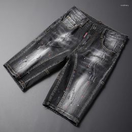 Mens Jeans Summer Trends Fashion Men Retro Black Gray Spliced Elastic Ripped Short Painted Designer Hip Hop Denim Shorts