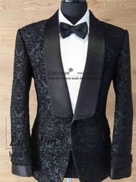 Men's Suits Pattern Mens For Wedding Shawl Lapel Groom Tuxeods 2 Pieces Sets Bridegroom Male Blazers Pure Black Pants Costume Homme