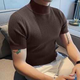 Men's T Shirts Vintage Turtleneck Slim Elastic Knitted Tops Men Summer Casual Pure Short Sleeve Knit Shirt Mens Streetwear Basic T-shirts