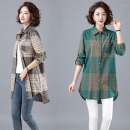 Women's Blouses Plaid Mid-length Women Shirts Tunic Womens Tops 2023 Square Collar Long Sleeve Clothing Button Up Loose Fit T244