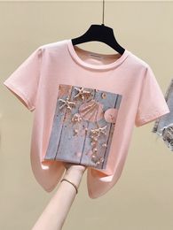 Women's T-Shirt Pink Summer T shirt Women Tops White Tshirt Women Korean Clothes Short Sleeve Casual Purple Sequins Diamond Tee shirt Femme 230802