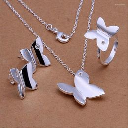 Necklace Earrings Set Crystal Butterfly Pendant Rings 925 Stamp Silver Colour For Women Charm Fashion Party Wedding