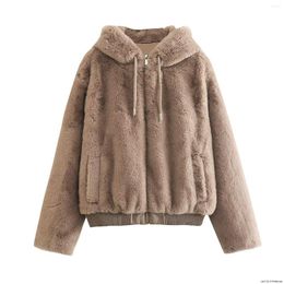 Women's Fur Women 2023 Fashion Fluffy Artificial Hooded Jacket Coat Vintage Long Sleeve Zipper Female Outerwear Chic Overshirt